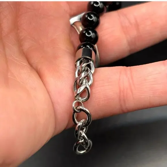 Blackjack BJB220NX Mens Genuine Onyx Bead & Stainless Steel Franco Bracelet NWT